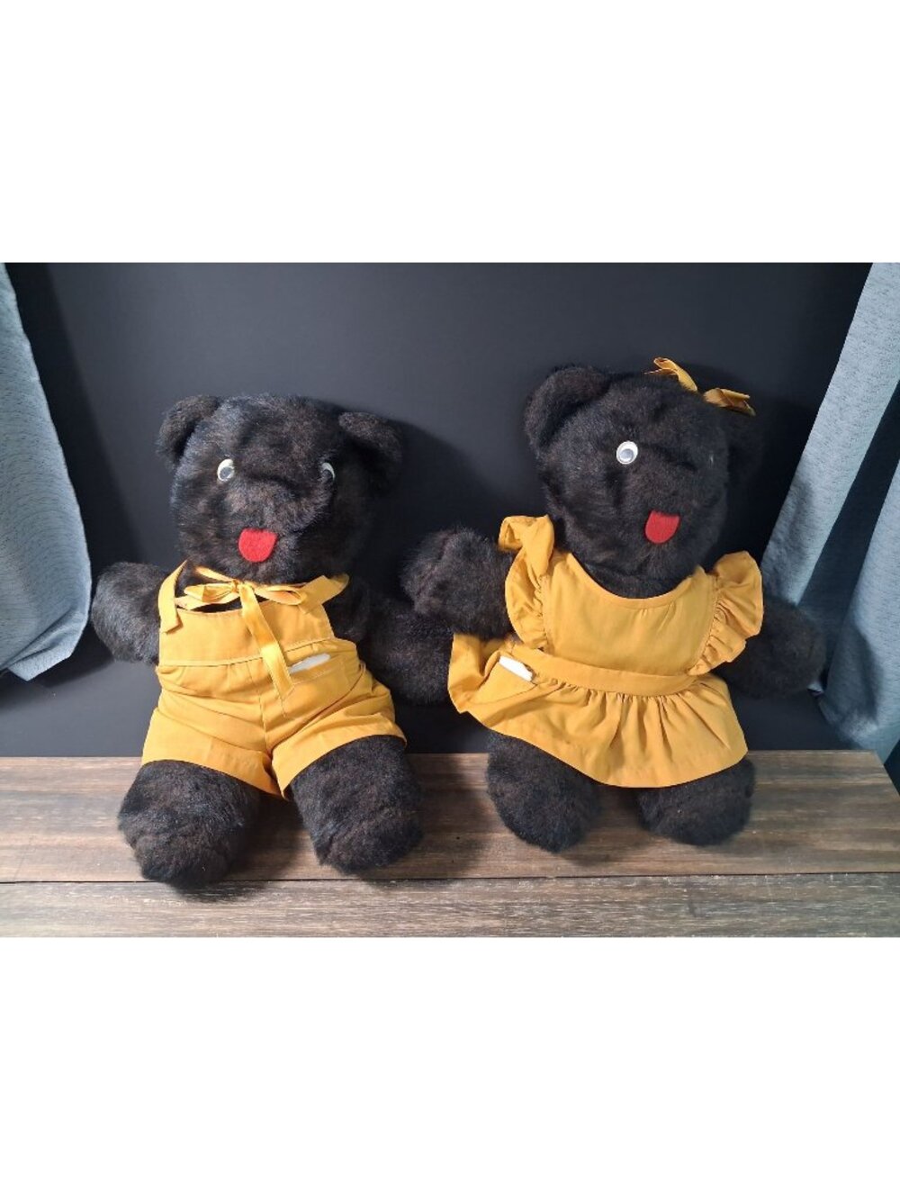 Vtg Black Teddy Bear Plush Set Mustard Yellow Outfit Boy Girl Lot of 2